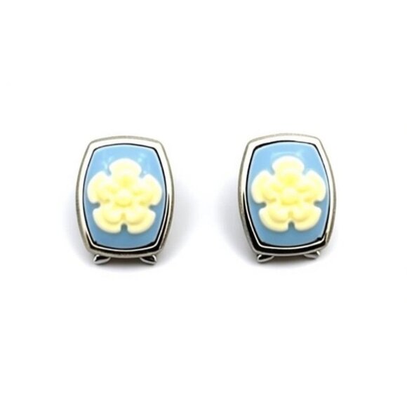 Vintage Wedgwood Blue & Cream Floral Clip Earrings Silver Plated - Picture 1 of 6